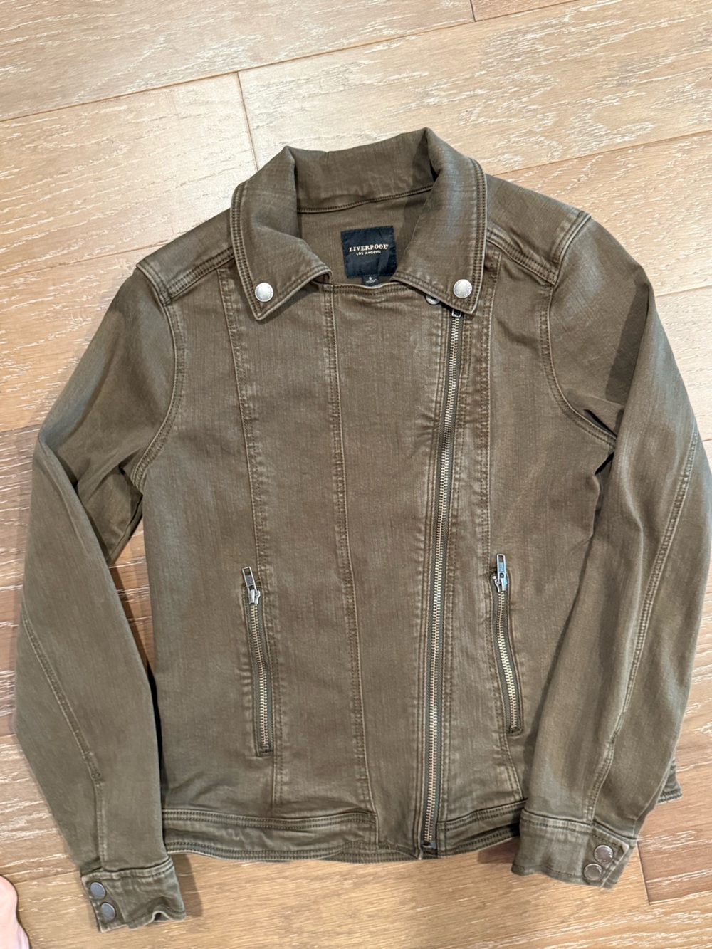 Liverpool Olive Green Women's Jean Jacket Zippers Details Layer